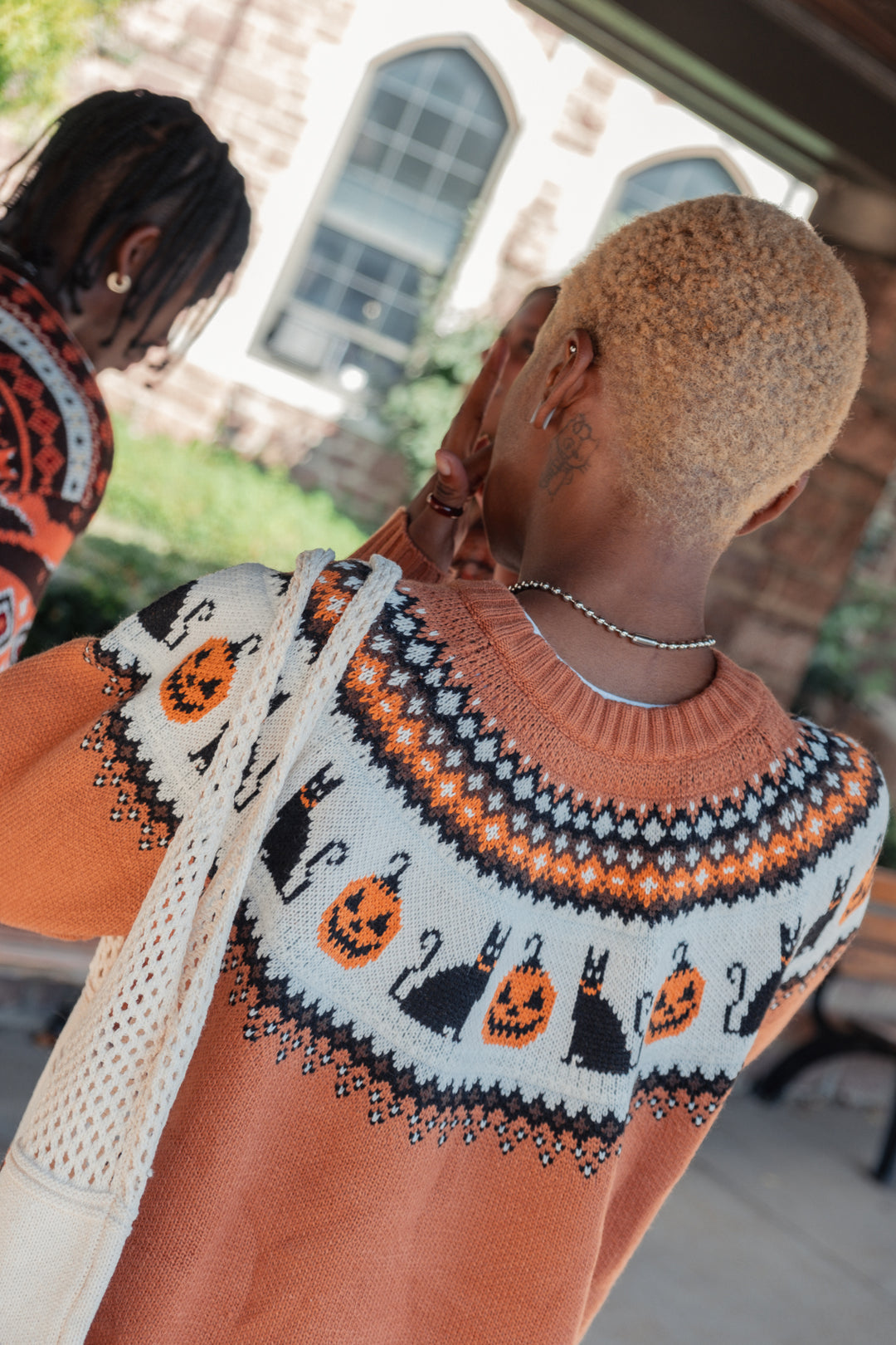 Vintage Brown Geo Black Cat Pumpkin Halloween Sweater