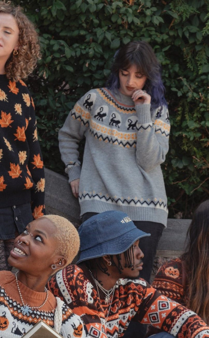 Vintage Inspired Black Cat Geo Print Grey Sweater