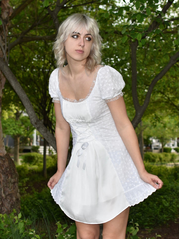 White Eyelet Lace Up Mini Dress