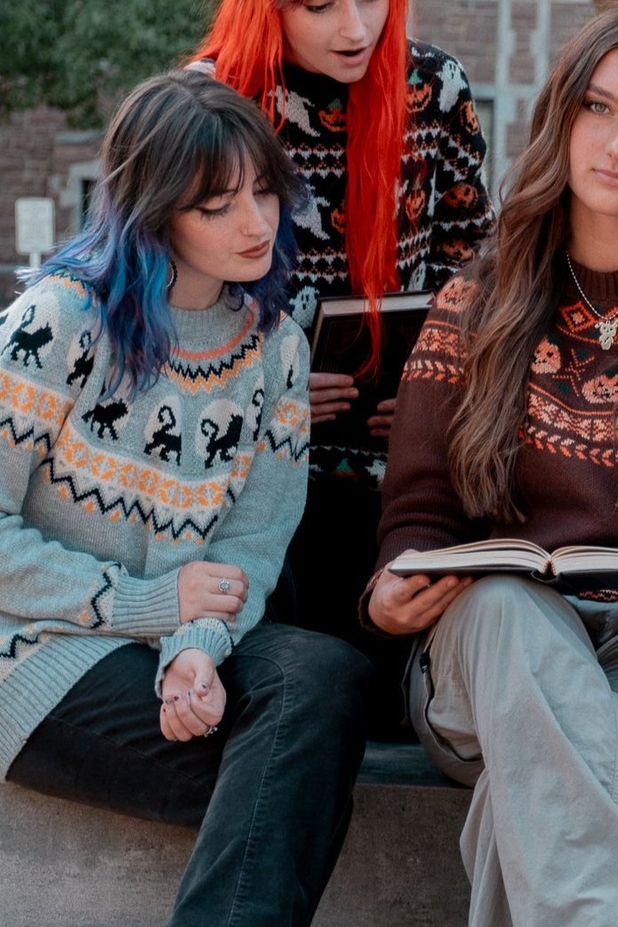 Vintage Inspired Black Cat Geo Print Grey Sweater