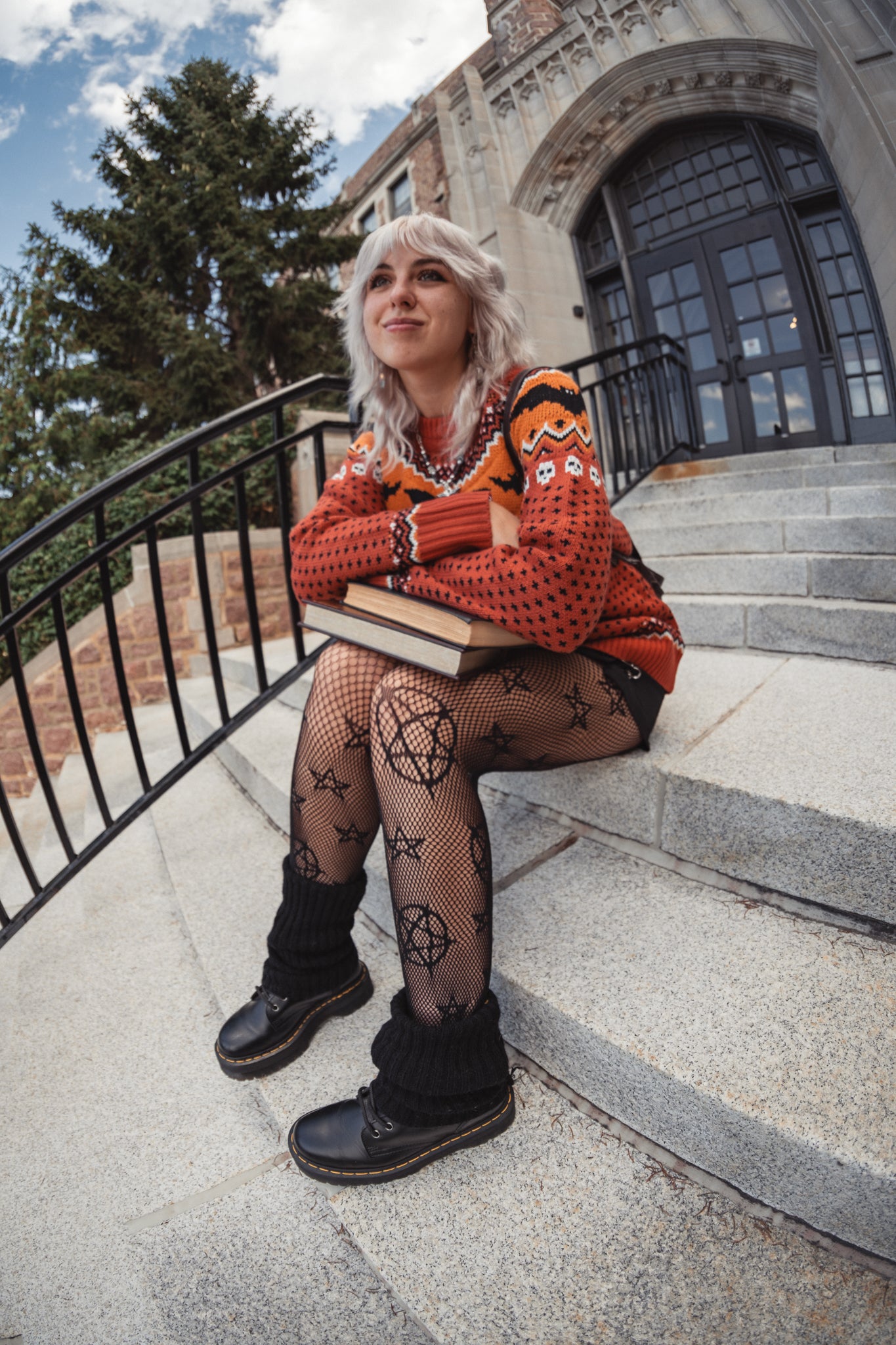 Vintage Inspired Rust Orange Bat & Skull Geo Print Sweater