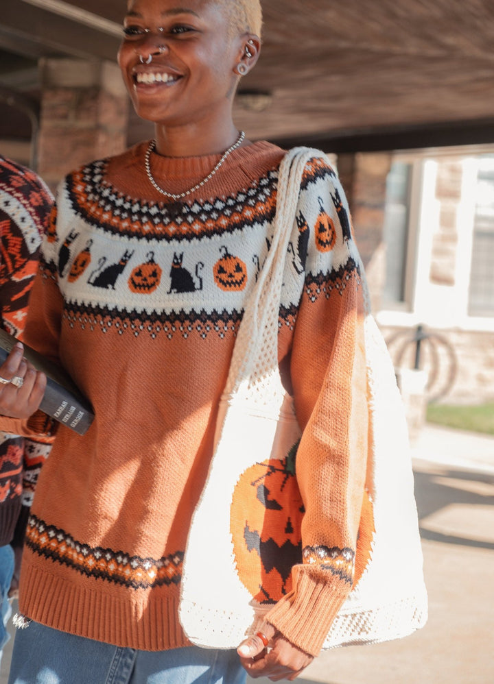 Pumpkin Jack-O-Lantern Halloween Cream Knit Tote Bag