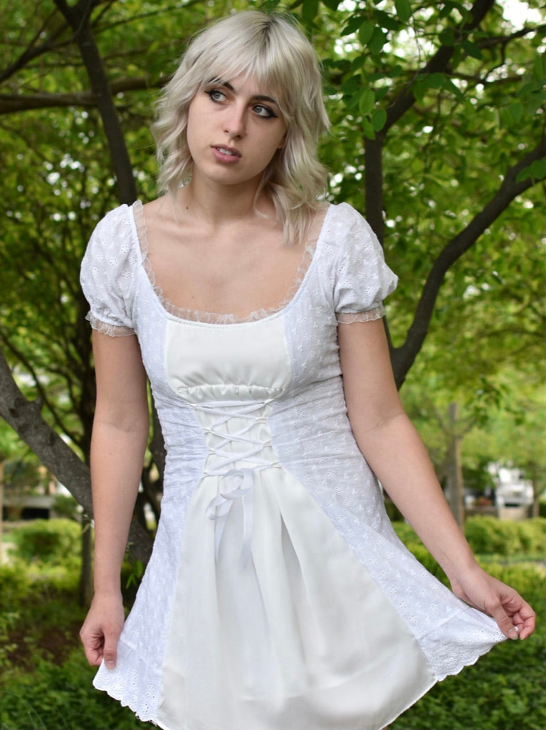 White Eyelet Lace Up Mini Dress