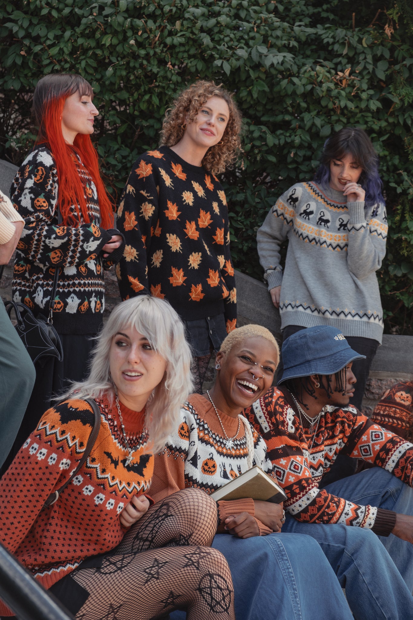 Vintage Inspired Rust Orange Bat Skull Geo Print Sweater