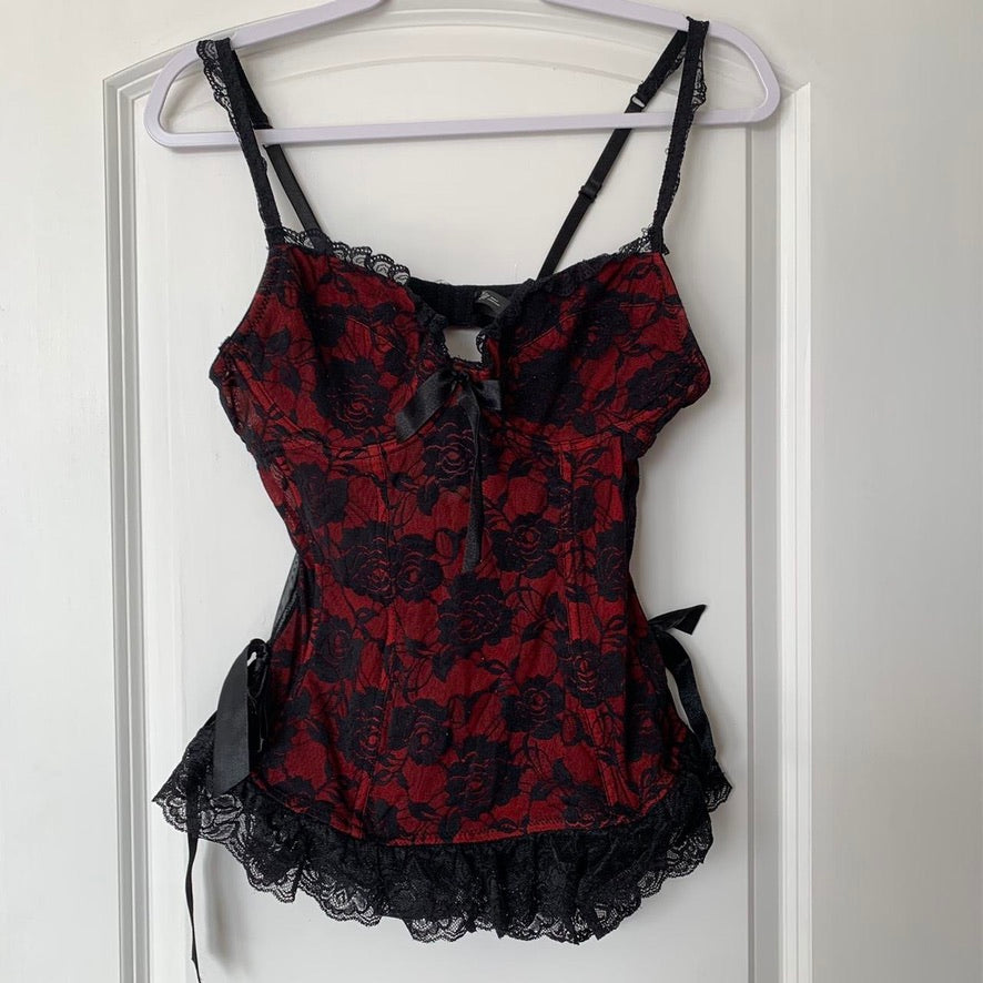 Red & Black Lace Lingerie Baby Doll Top