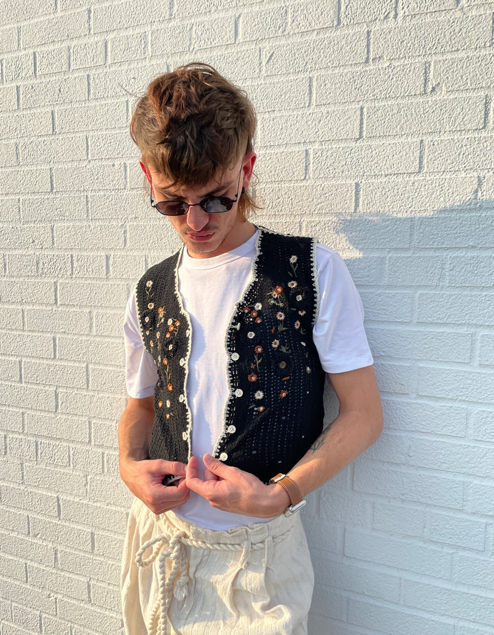 Floral Crochet Vest - Black