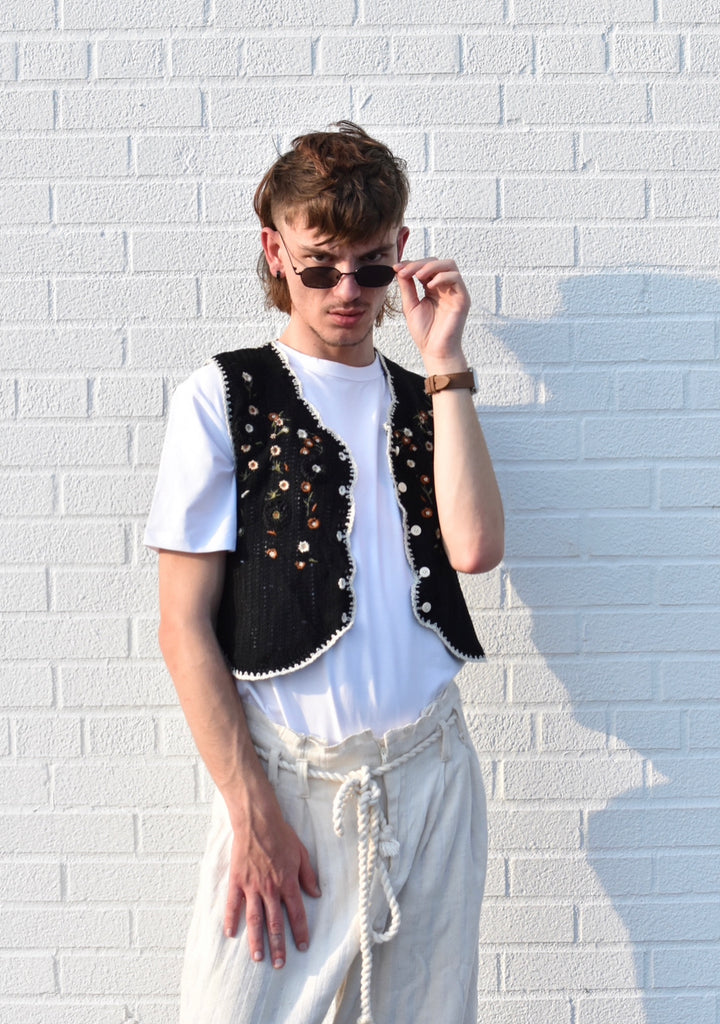 Floral Crochet Vest - Black
