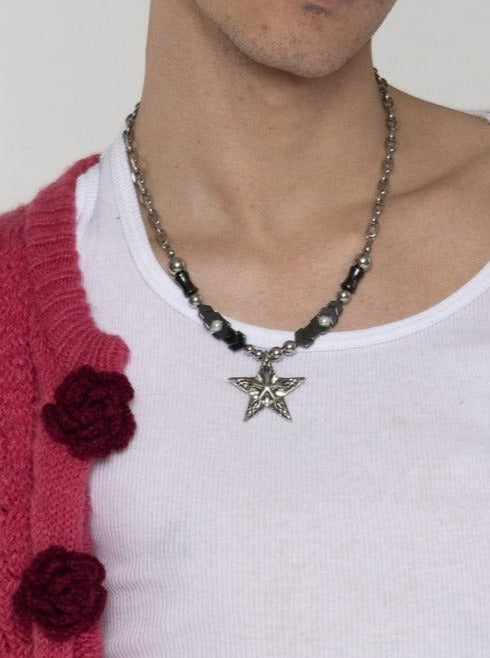Punk Silver Beaded Star Pendant Necklace