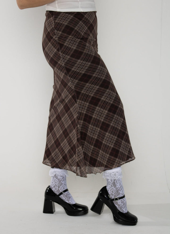 Maim Brown Pink Plaid Maxi Skirt