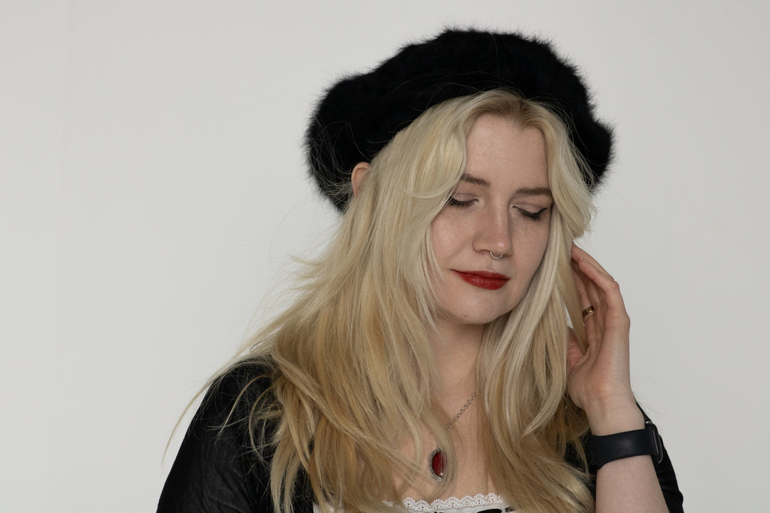 Black Fuzzy Mohair Beret Hat