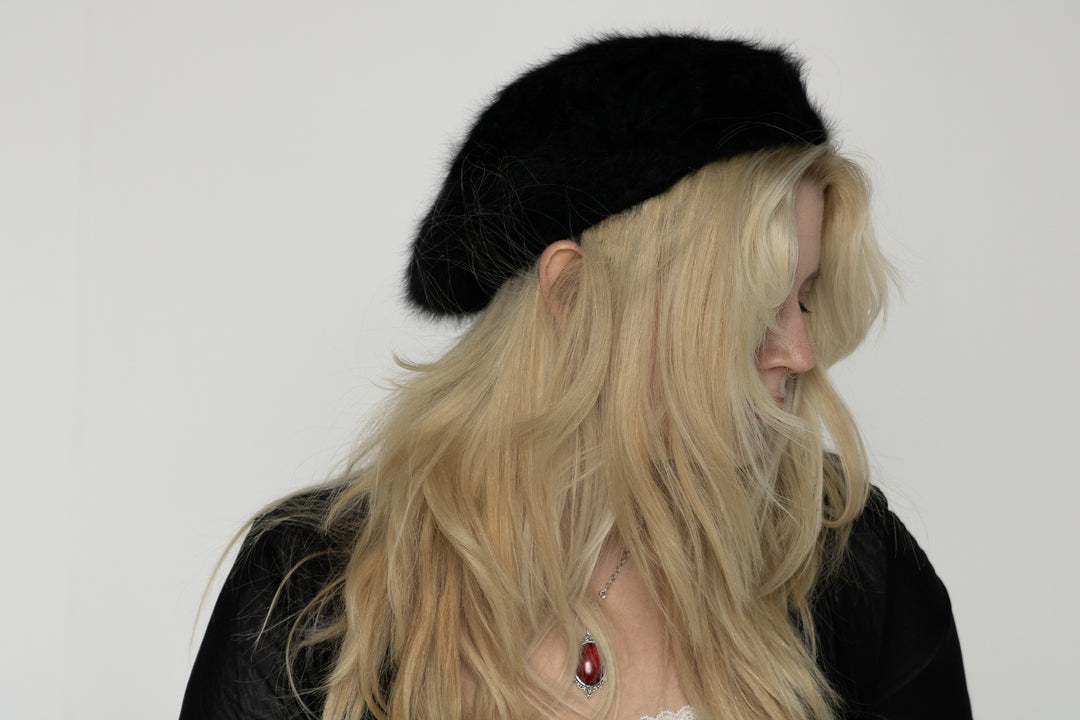 Black Fuzzy Mohair Beret Hat