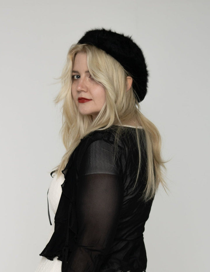 Black Fuzzy Mohair Beret Hat