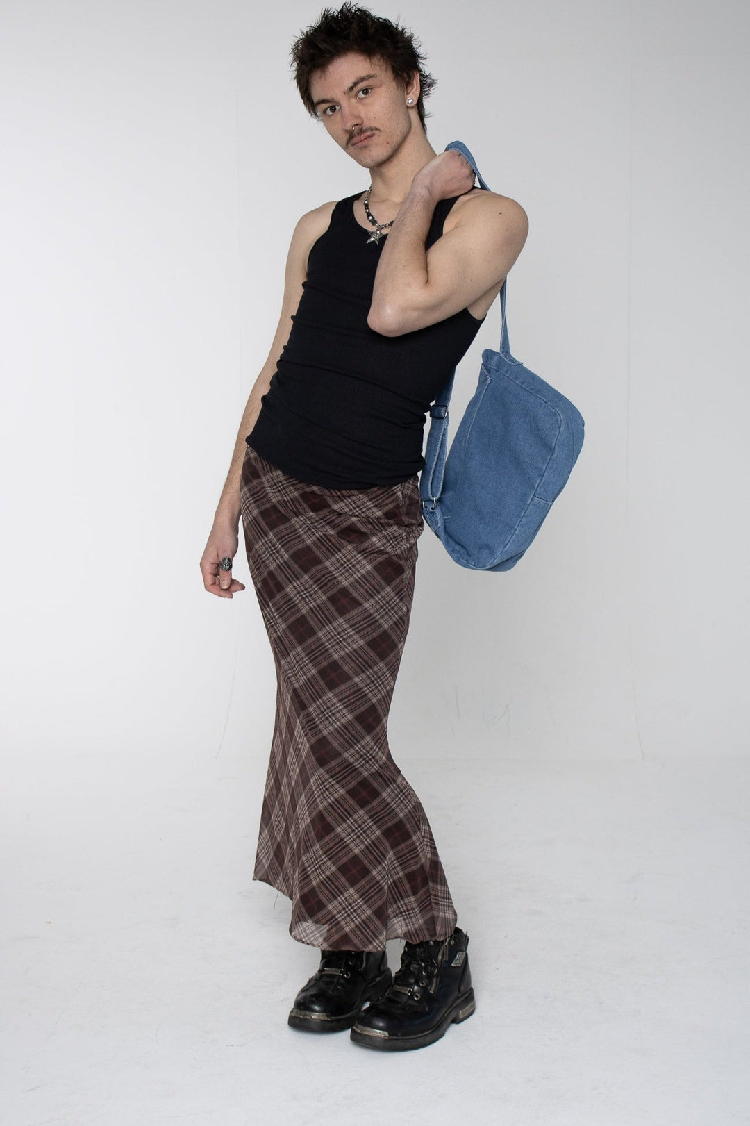Maim Brown Pink Plaid Maxi Skirt