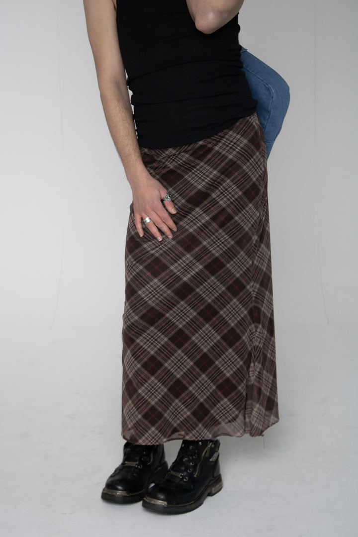 Maim Brown Pink Plaid Maxi Skirt