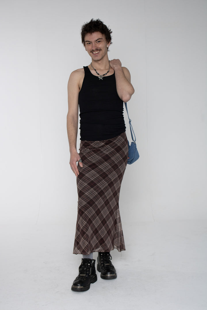 Maim Brown Pink Plaid Maxi Skirt