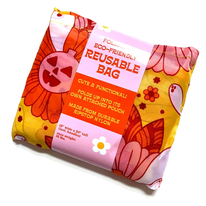 Spooky Retro Ghost Floral Fold-Up Reusable Bag